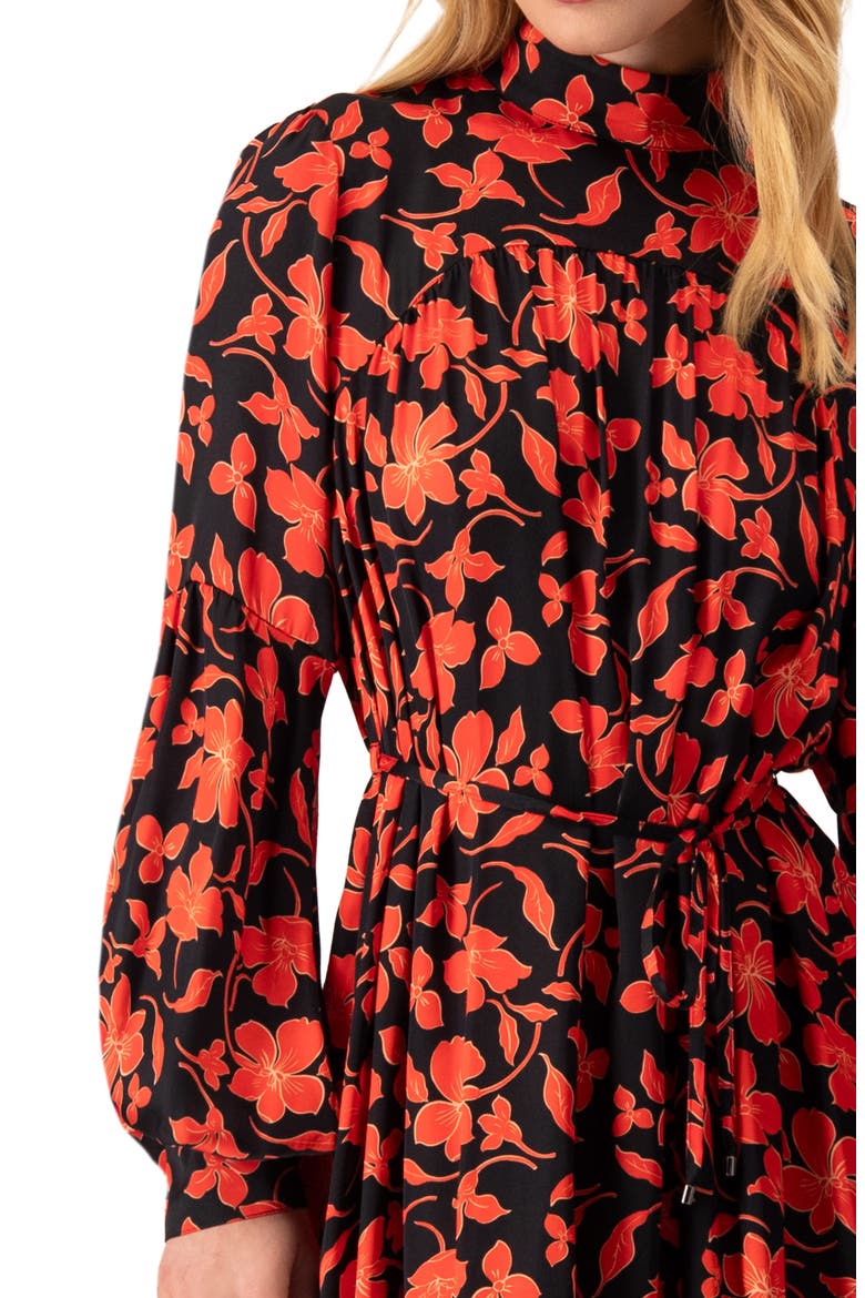 Black Mini Dress with Red Floral Print and Drawstring Waist, Alternate, color, Red