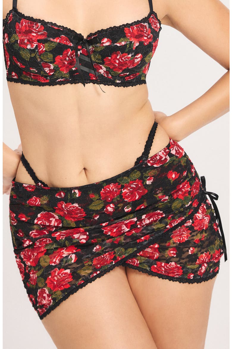 Sinful Rose Lace Miniskirt, Main, color, BLACK CAVIAR ROSY PASSIONS