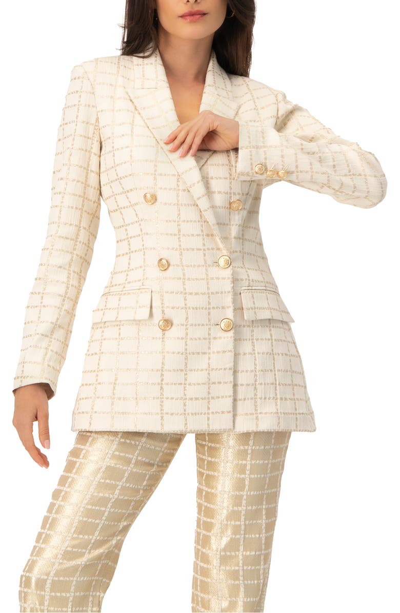 IVONNE Double-Breasted Check Blazer with Gold Buttons, Main, color, Gold