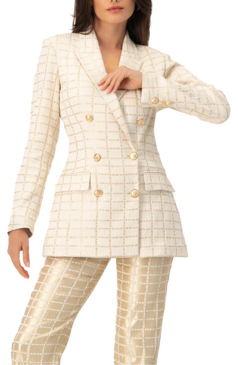 Double-Breasted Check Blazer with Gold Buttons