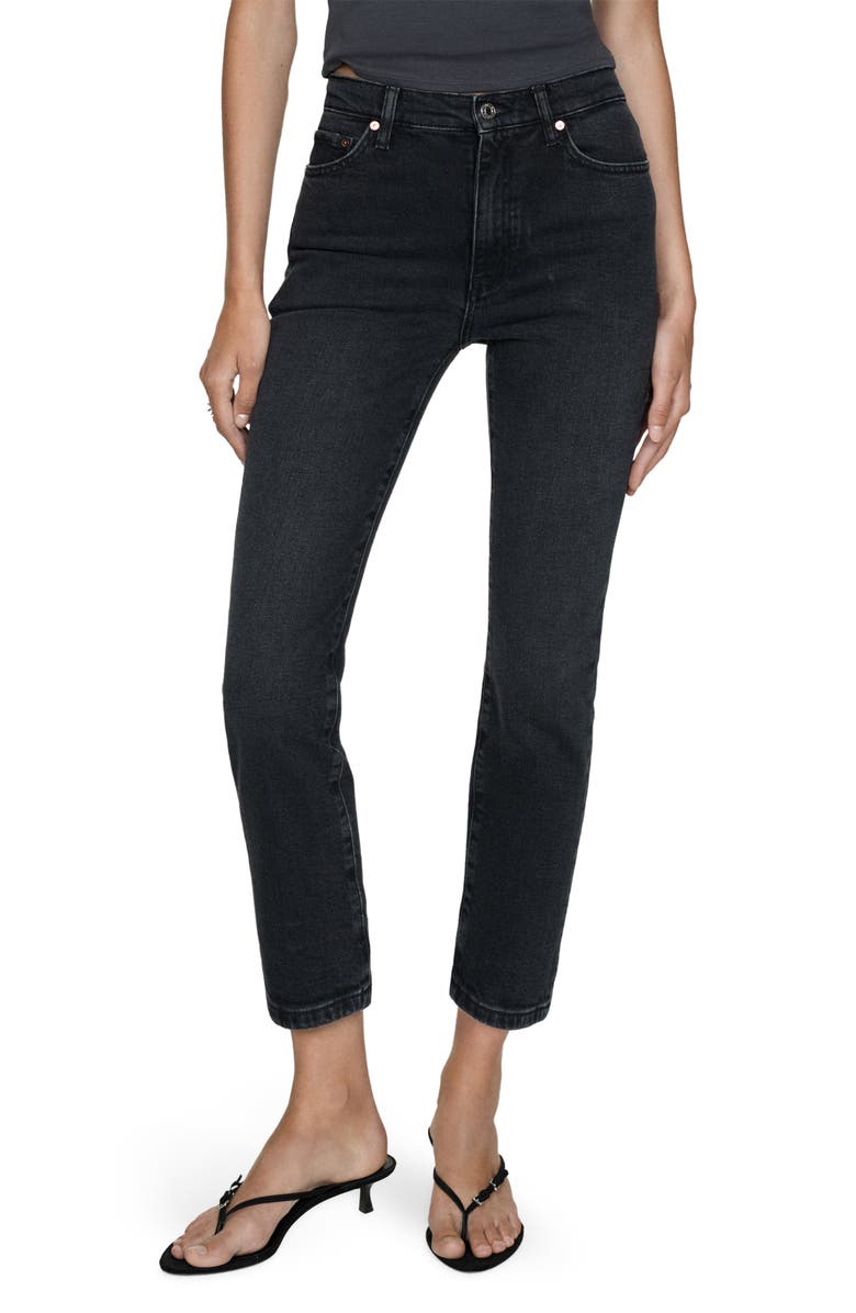 MANGO Claudia Waxed Crop Slim Fit Jeans, Main, color, Black Denim