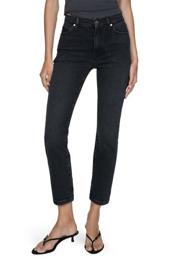 Mango Claudia Waxed Crop Slim Fit Jeans In Black