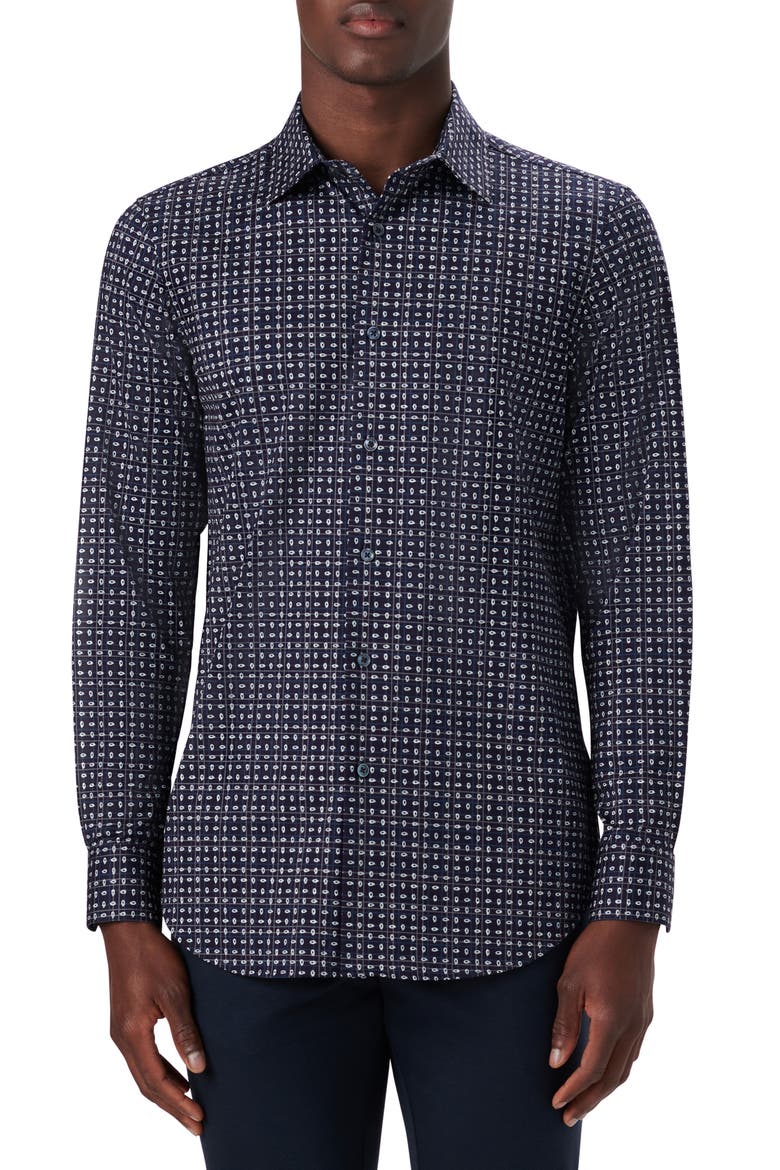 OoohCotton® Print Stretch Cotton Button-Up Shirt, Main, color, MIDNIGHT