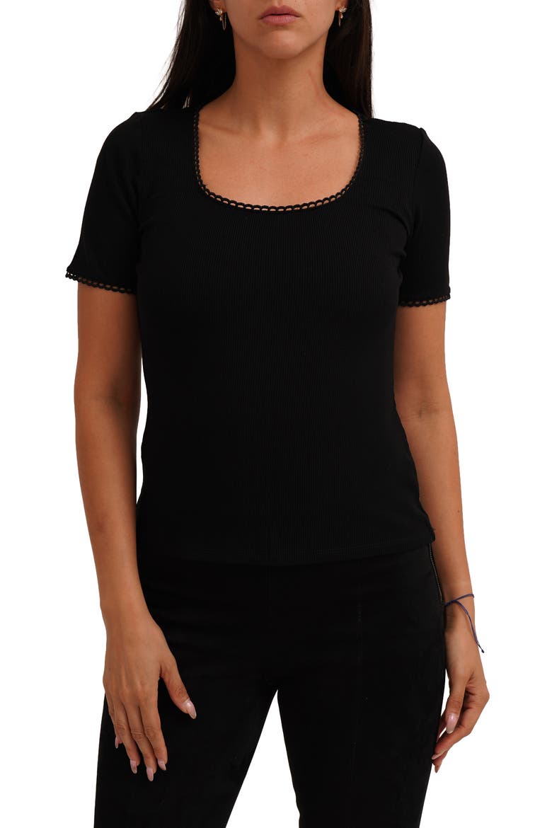 Scallop Trim Short Sleeve Ribbed Top, Main, color, BLACK