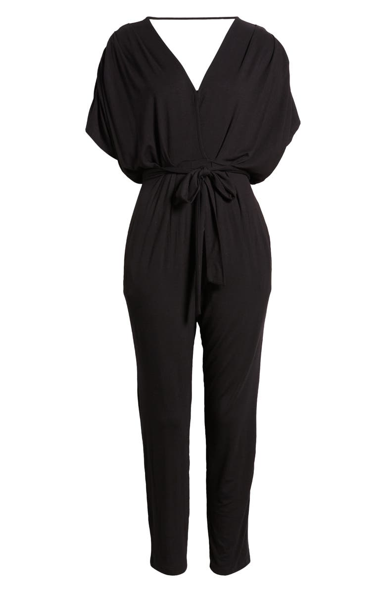 Fraiche by J Pleated Wide Sleeve Knit Jumpsuit, Alternate, color, Black