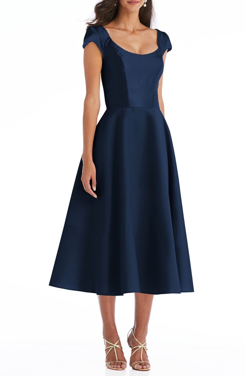Alfred Sung Cap Sleeve Full Skirt Satin Midi Cocktail Dress, Main, color,