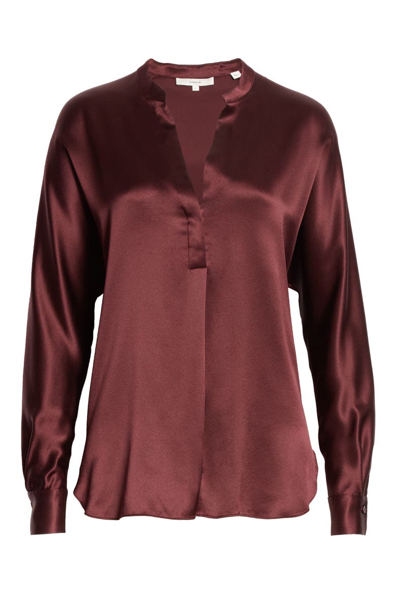 Band Collar Silk Blouse, Alternate, color, BLACK PLUM