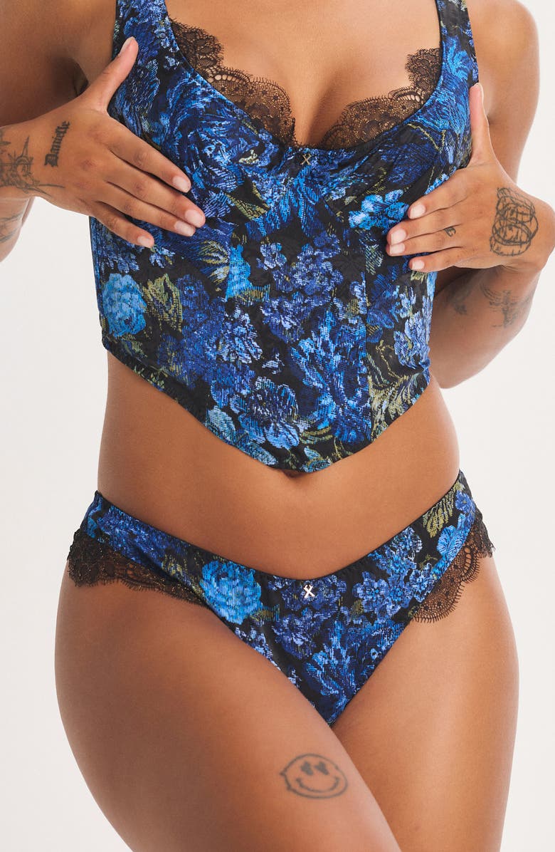 SAVAGE X FENTY Floral Rush High Leg Thong, Alternate, color, Black Caviar Tapestry Print