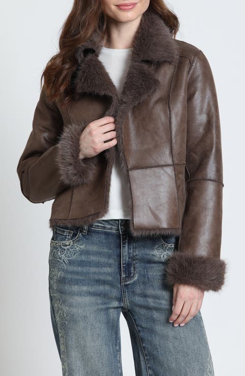 Faux Fur Trim Faux Leather Jacket