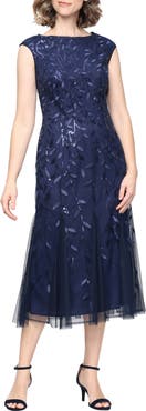 Alex Evenings Sequin Leaf Embroidery Cocktail Midi Dress