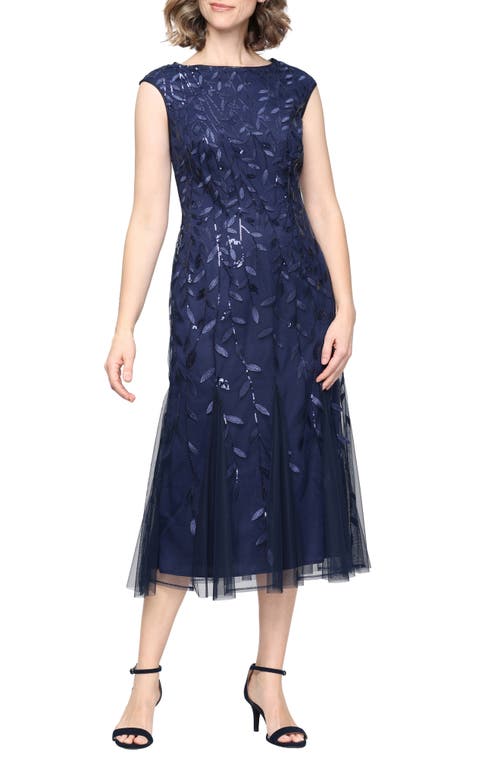 Alex Evenings Sequin Leaf Embroidery Cocktail Midi Dress In Animal Print