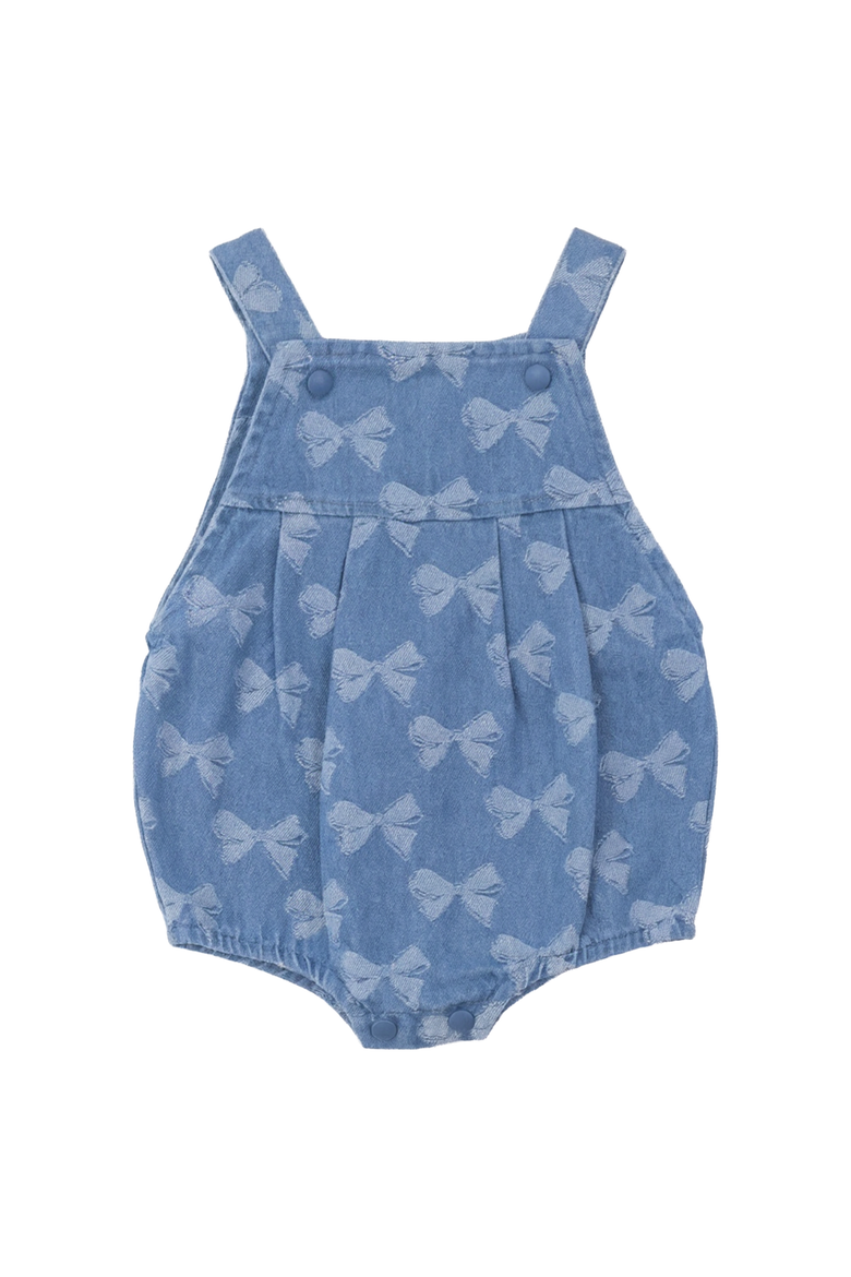 Girl Bow Denim Button Bottom Elastic Leg Overall, Main, color, Light Denim
