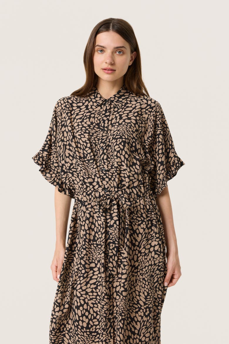 SLNaya Short Sleeve Maxi Shirt Dress, Alternate, color, Black With Brown Dots