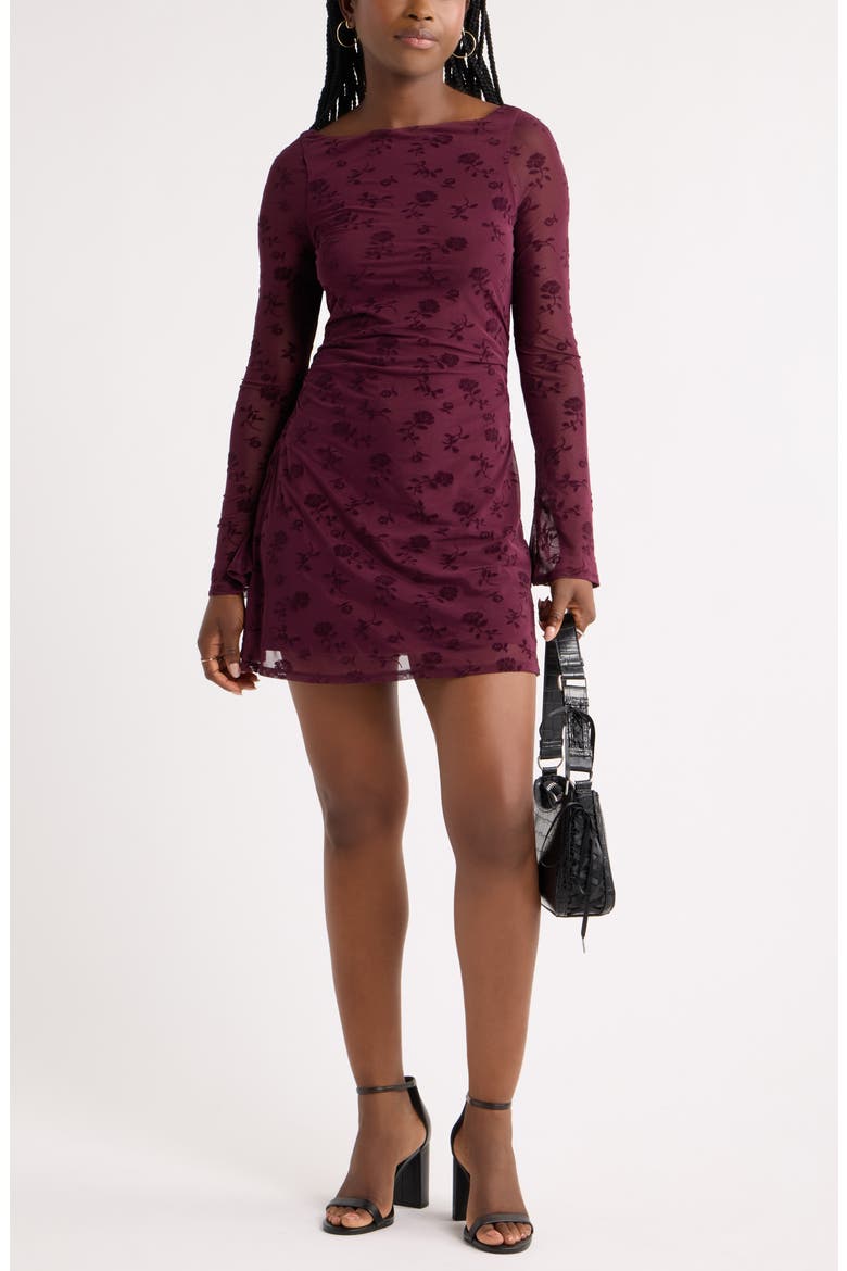 Flocked Mesh Minidress, Alternate, color, BURGUNDY STEM