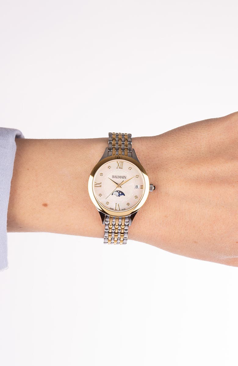 BALMAIN WATCHES Two-Tone Diamond Moon Phase Bracelet Watch, 31mm, Alternate, color, Stainless Steel/Yellow/ Pvd Coating