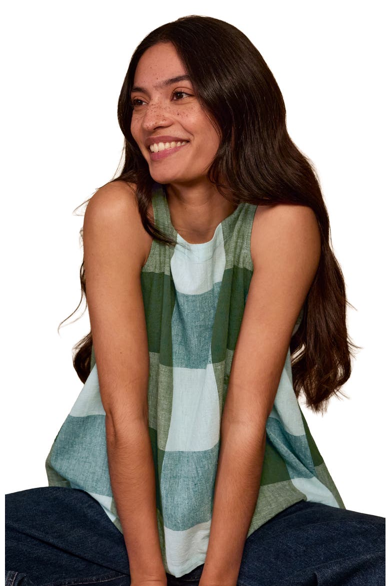 Sleeveless Pleat Back Cotton Blouse, Alternate, color, Green Multi Check