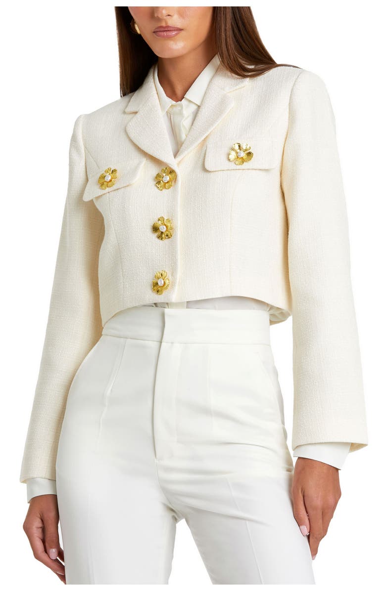 Mac Duggal Cropped Tweed Floral Button Jacket, Main, color, 