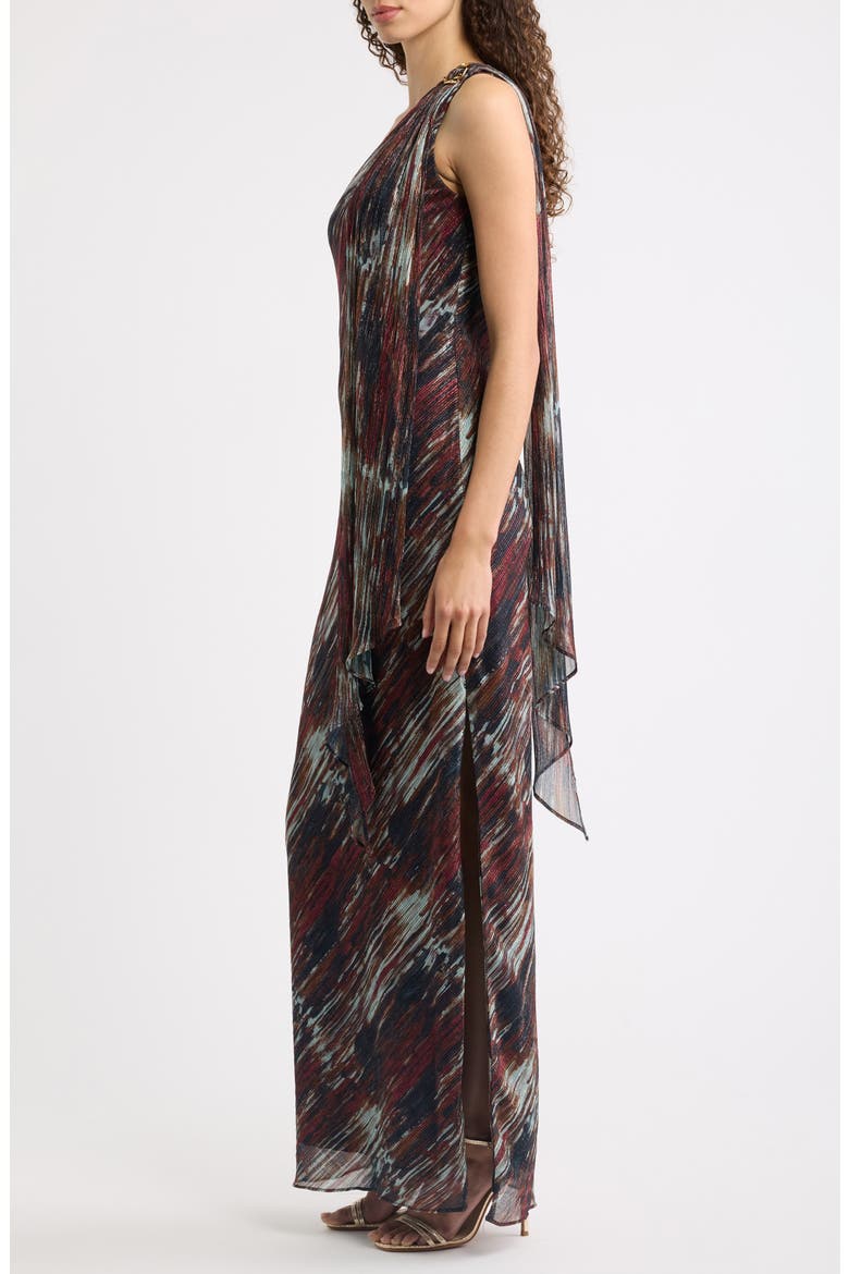 Metallic Abstract Print One-Shoulder Chiffon Gown, Alternate, color, MULTI