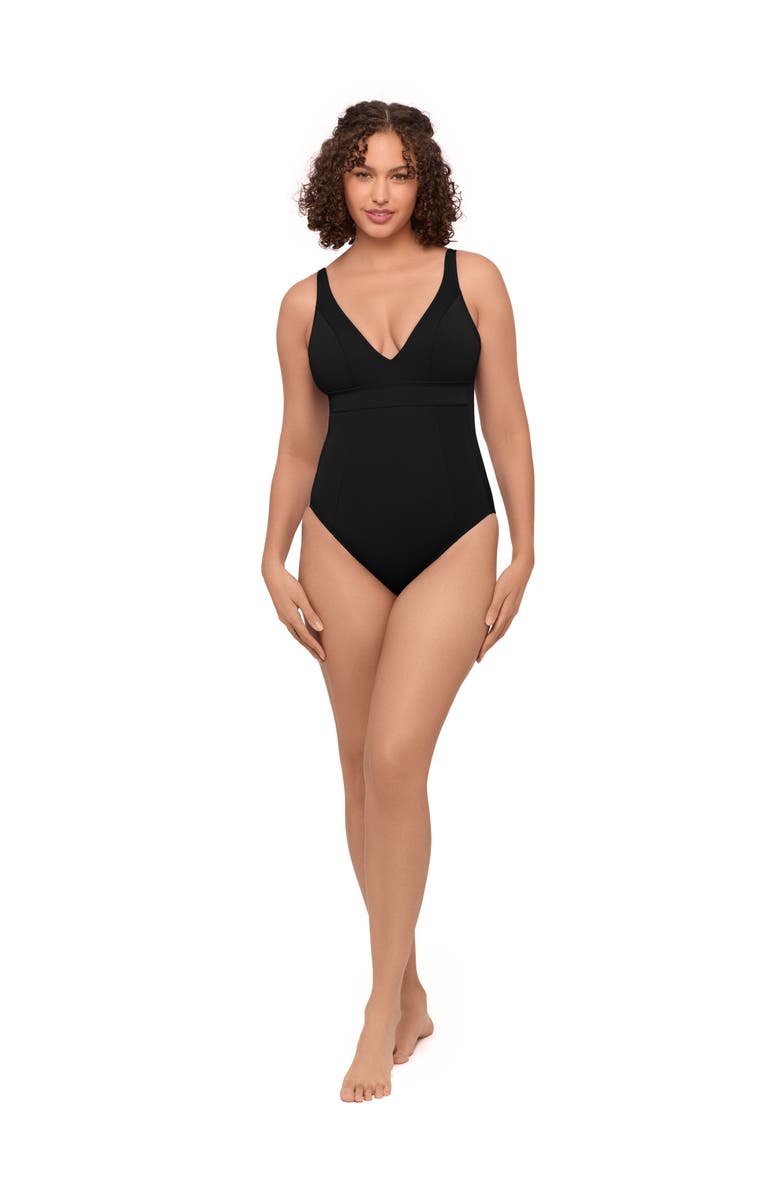 S3 Apparel Supportive and Sculpting Banded Plunge V-Neck One-Piece Swimsuit, Main, color, Onyx Black