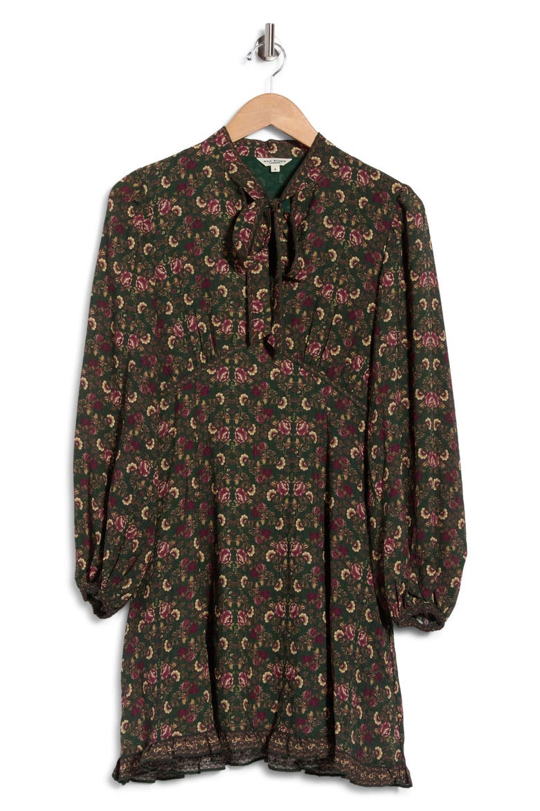 Tie Neck Long Sleeve Dress, Main, color, DKGRPBOC-DARK GREEN/ PURPLE