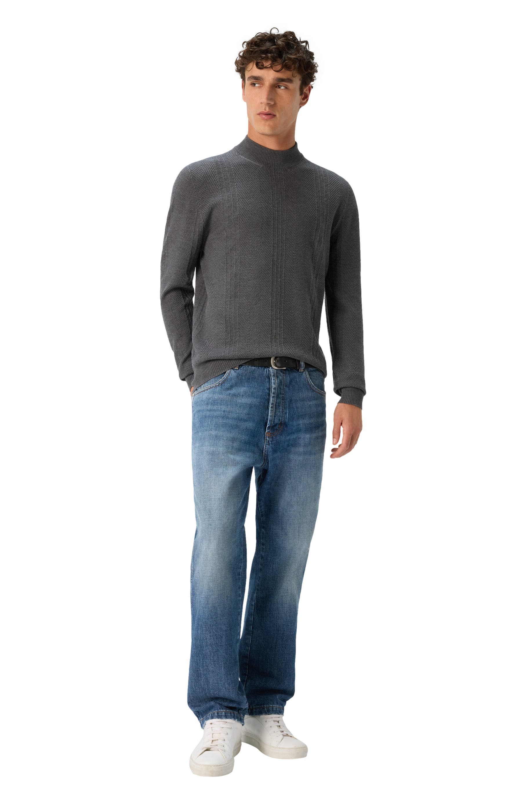 High-neck Sweater With Tone-on-tone Chevron Pattern