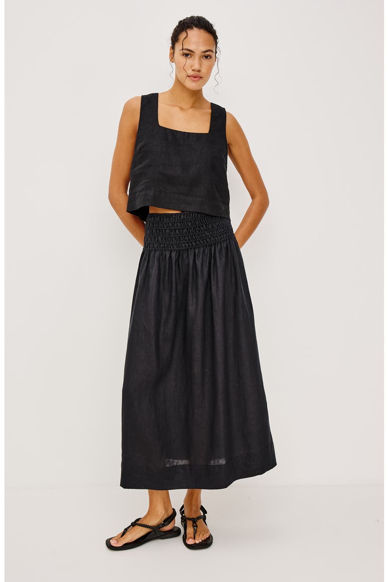 Alessa Smock Waist Linen Skirt, Alternate, color, BLACK LINEN