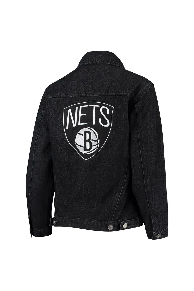 Women's The Wild Collective Black Brooklyn Nets Patch Denim Button-Up Jacket, Alternate, color, Black