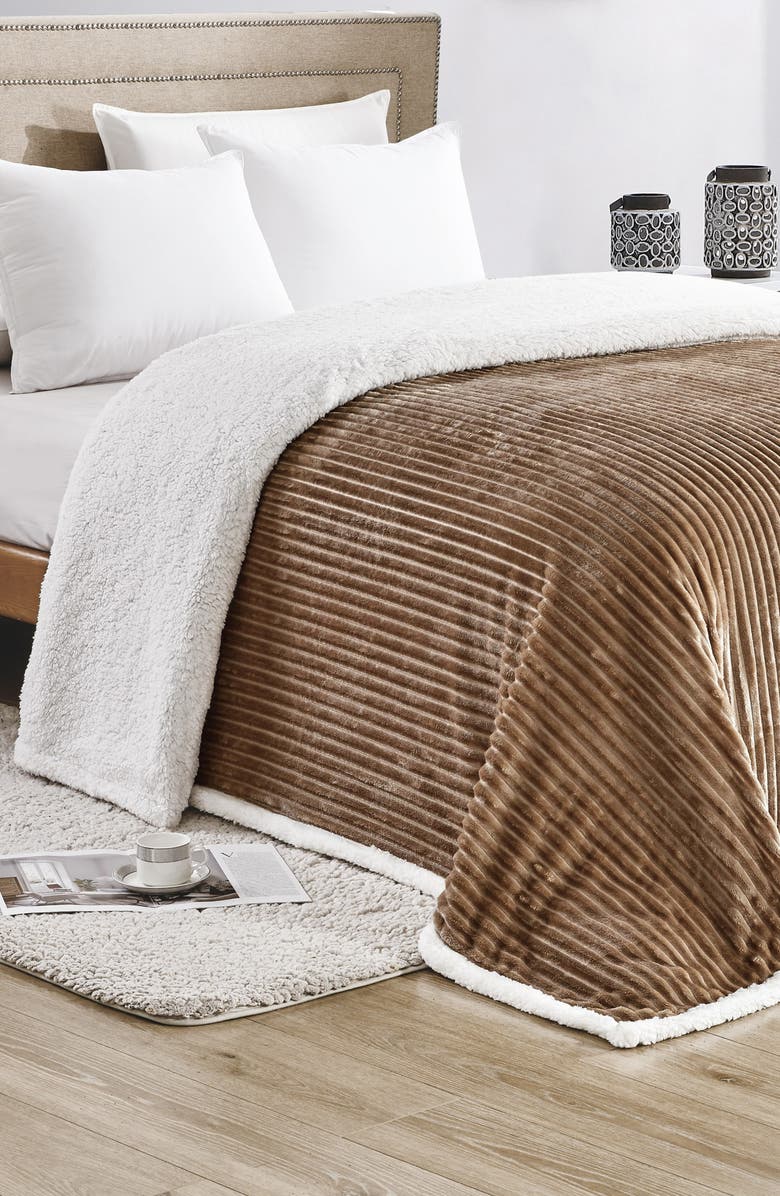 Luxury Home Oversized Corduroy Faux Shearling Reversible Throw Blanket, Alternate, color, Taupe