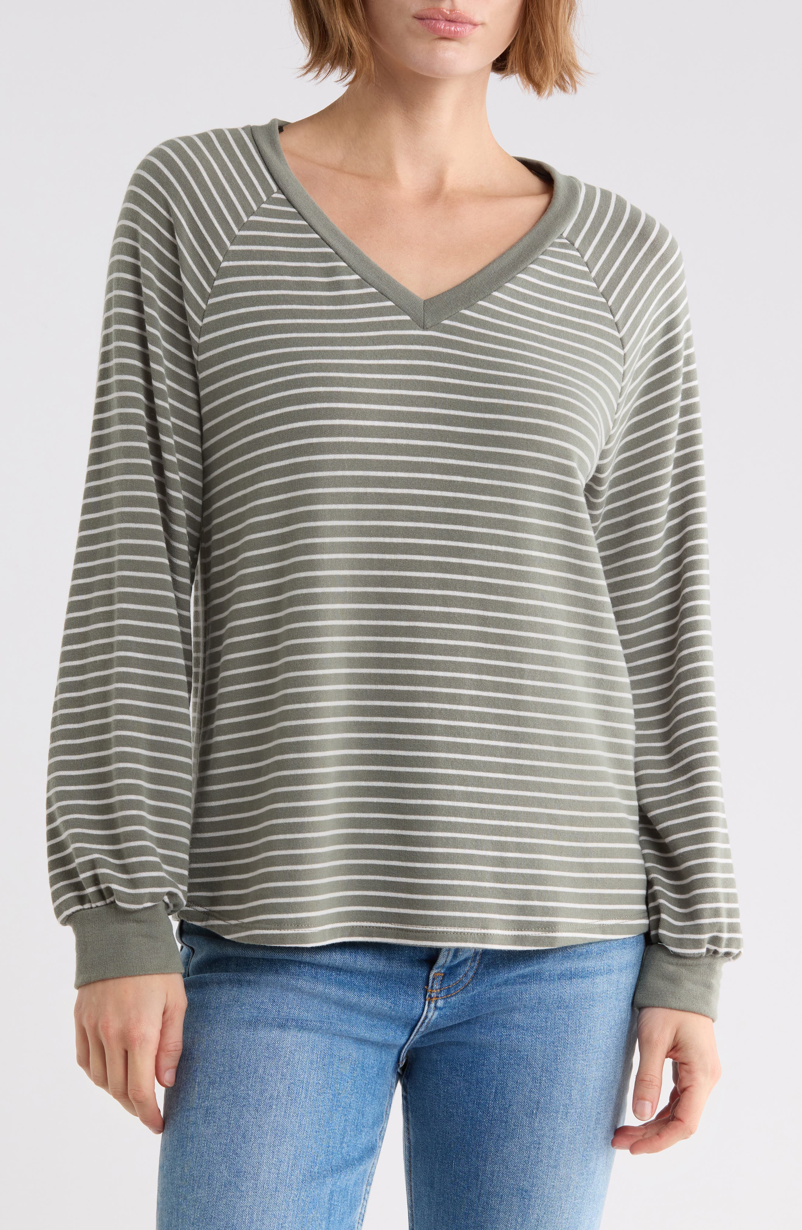 Striped Brushed Raglan Sleeve Pullover