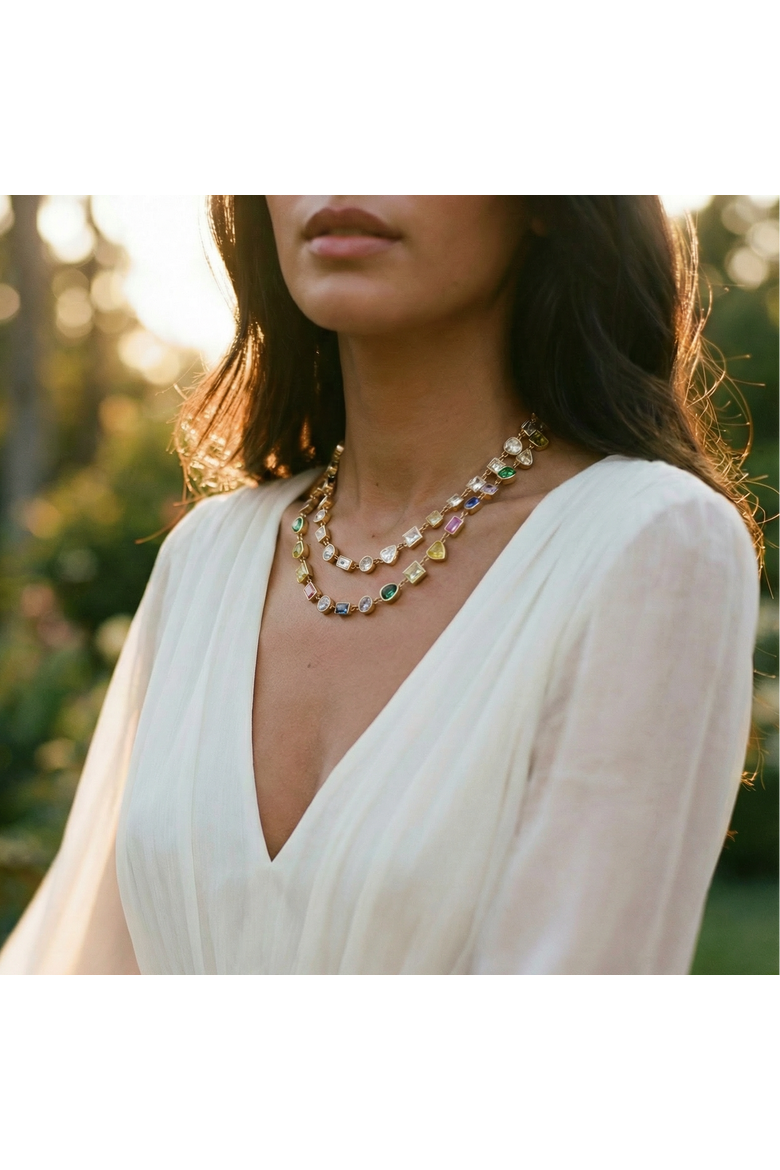 CZ Multi Shape Link Tennis Necklace, Alternate, color, Gold