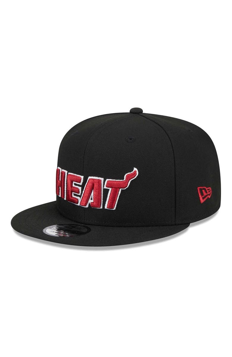 New Era Men's New Era Black Miami Heat Side Logo 9FIFTY Snapback Hat, Alternate, color,