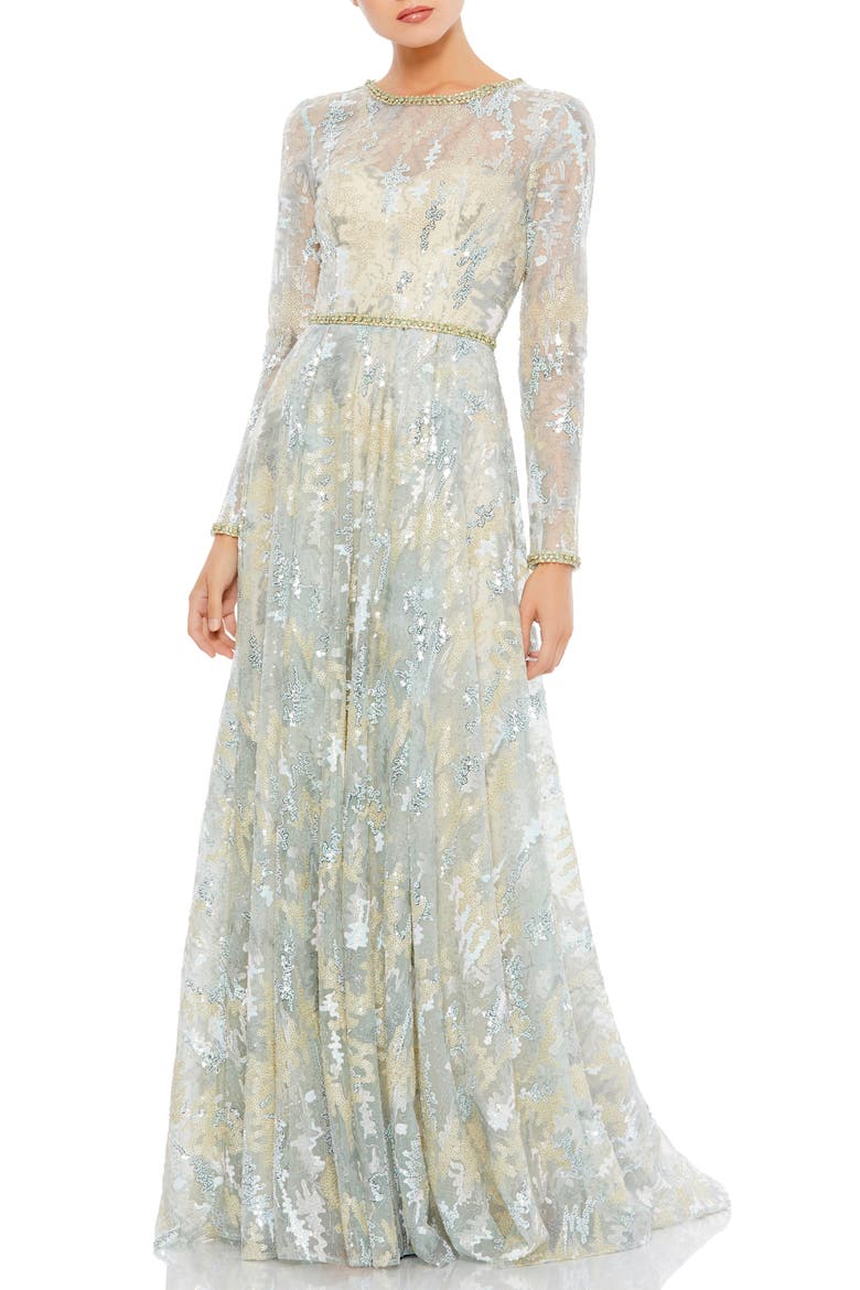 Long Sleeve Embellished Mesh Gown, Main, color, PLATINUM