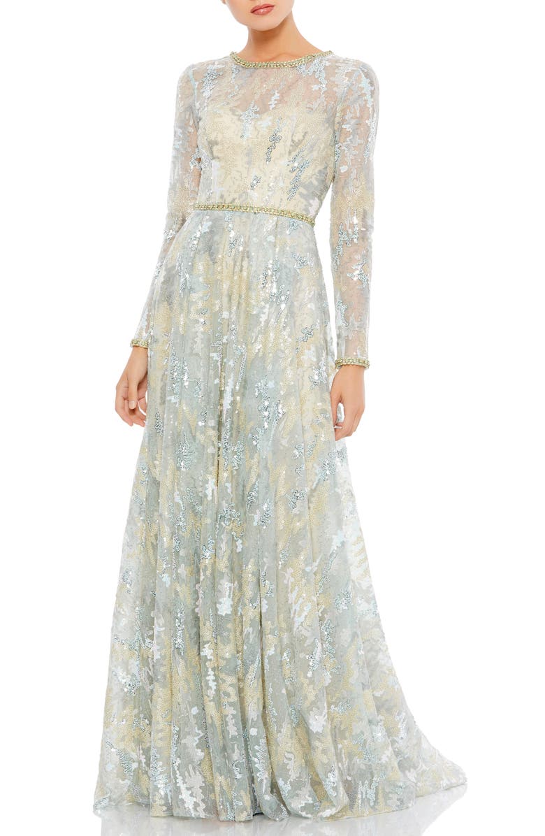 Mac Duggal Long Sleeve Embellished Mesh Gown, Main, color,