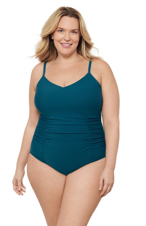 Plus Size Princess Seam V-Neck Side Shirred Adjustable One-Piece Swimsuit