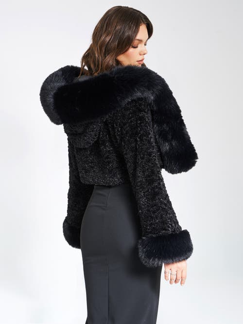 Miss Circle Kali Cropped Faux Fur Jacket With Hood In Black