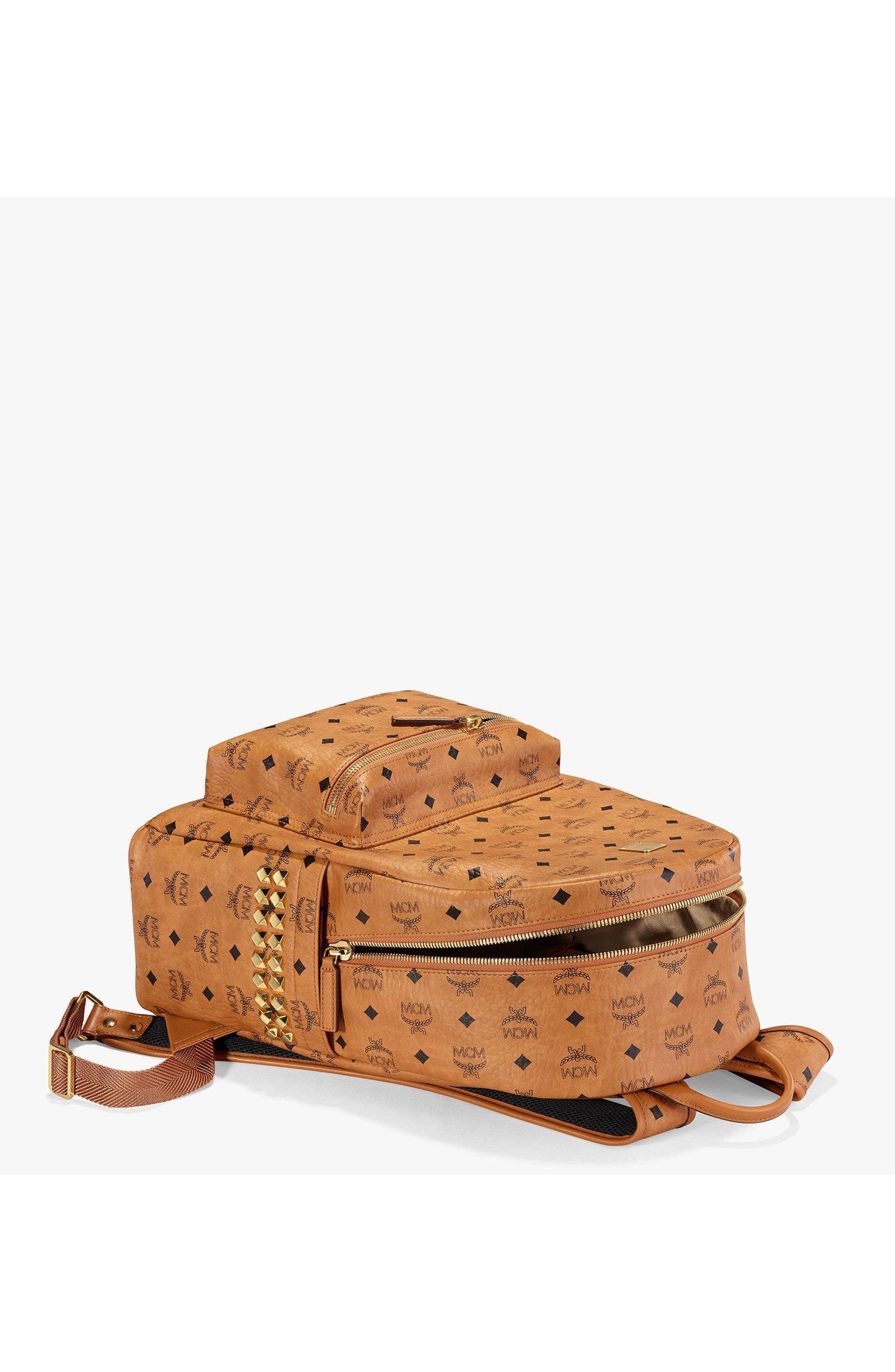MCM Stark Side Studs Backpack in Visetos, Alternate, color, Cognac