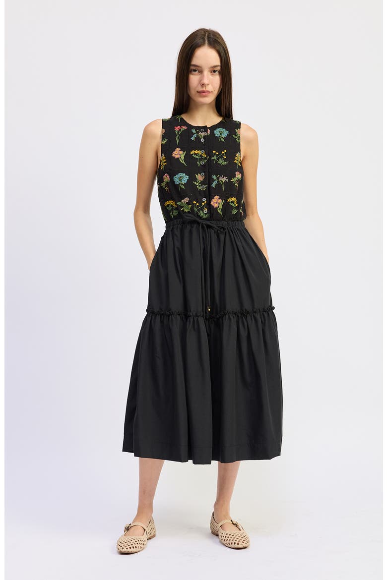 Lia Embroidered Tie Waist Sleeveless Midi Dress, Alternate, color, BLACK MULTI