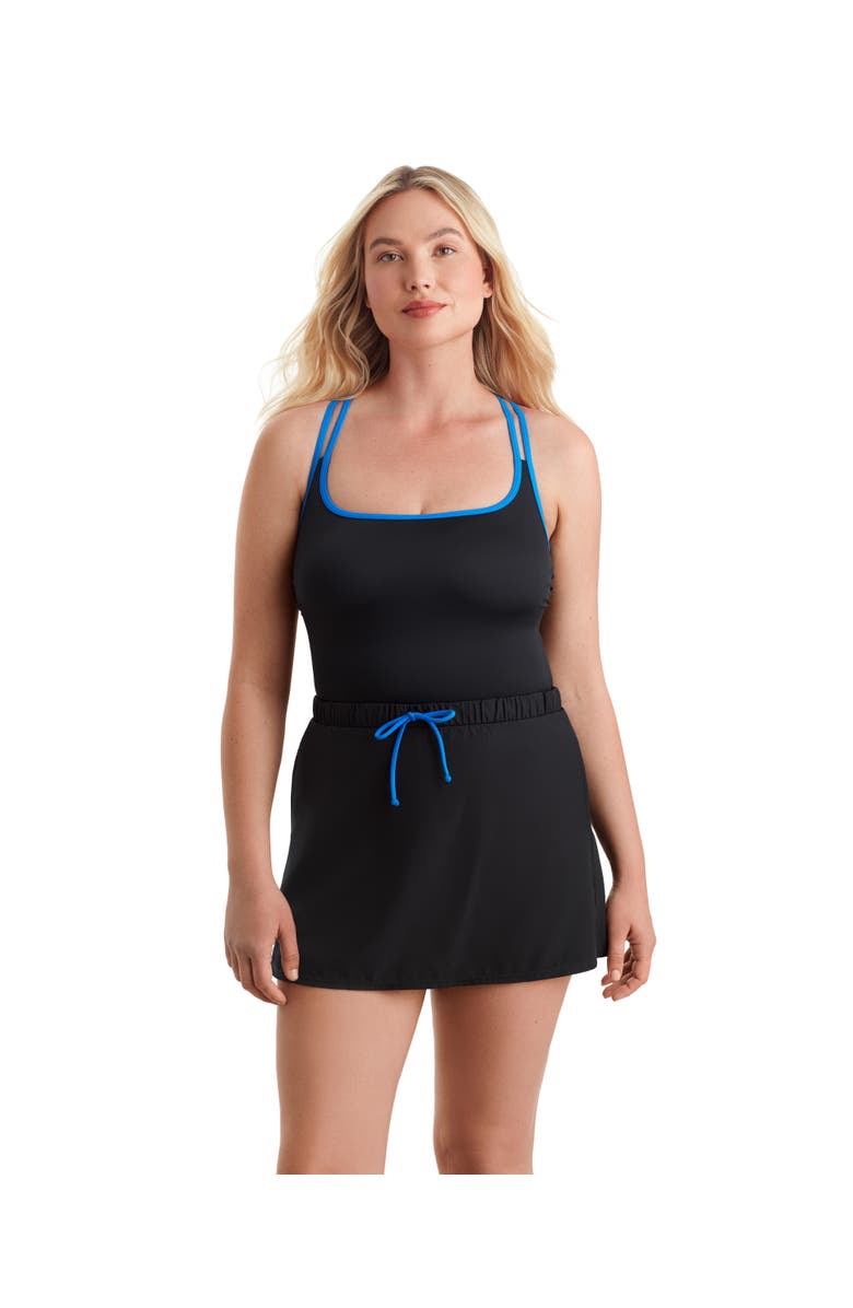 ShapeSolver Sport Skirted Runaround Chlorine Resistant One-Piece Swimsuit, Main, color, Blue And Black