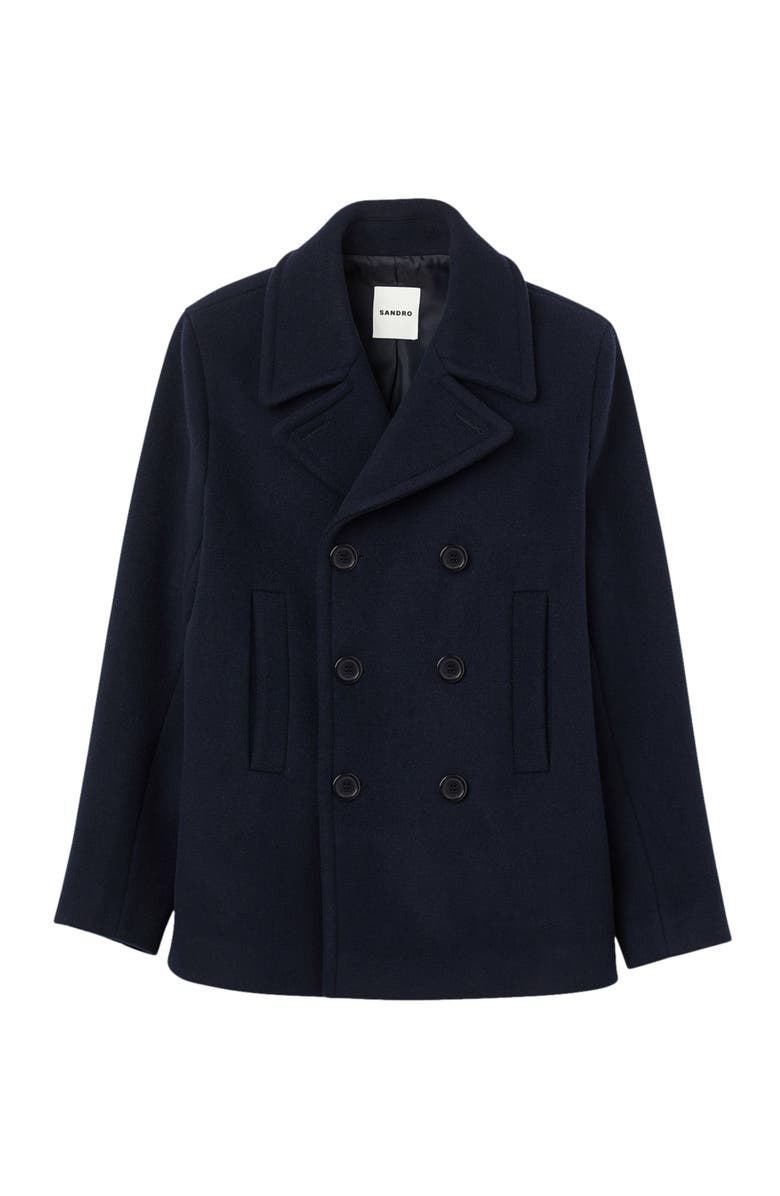 SANDRO Straight-fit wool-blend coat, Alternate, color, Navy Blue