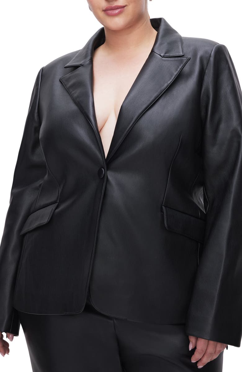 Good American Sculpted Faux Leather Blazer, Alternate, color, Black001
