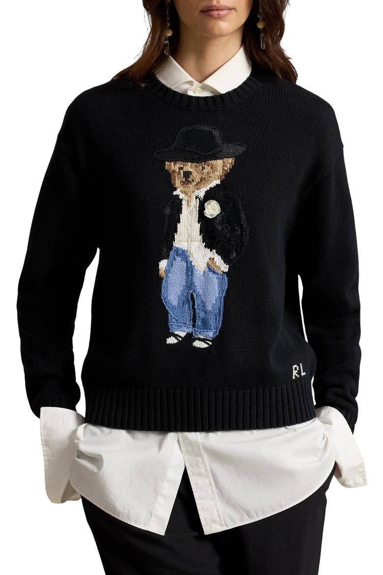 Holiday Polo Bear Sweater, Main, color, BLACK