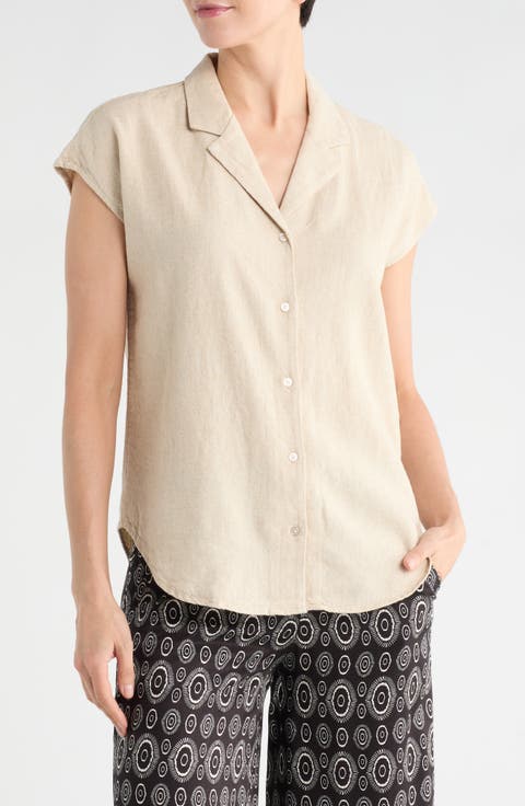 Cap Sleeve Linen Blend Button-Up Shirt