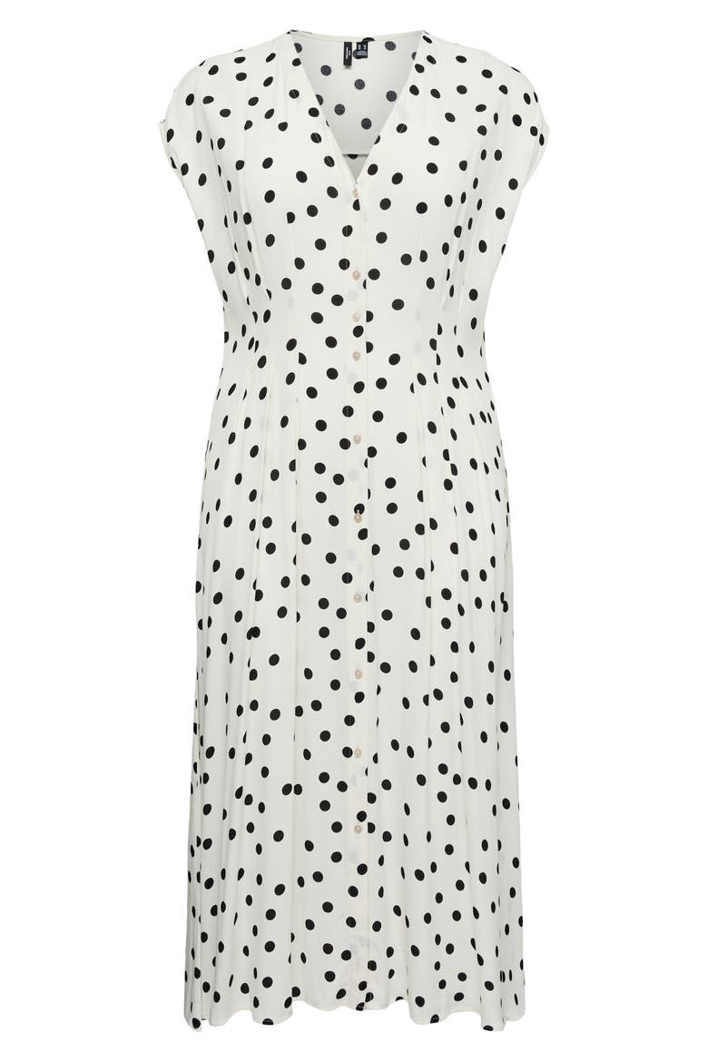 Dot Print Cap Sleeve Button Front Midi Dress, Alternate, color, SNOW WHITE/ BLACK DOT