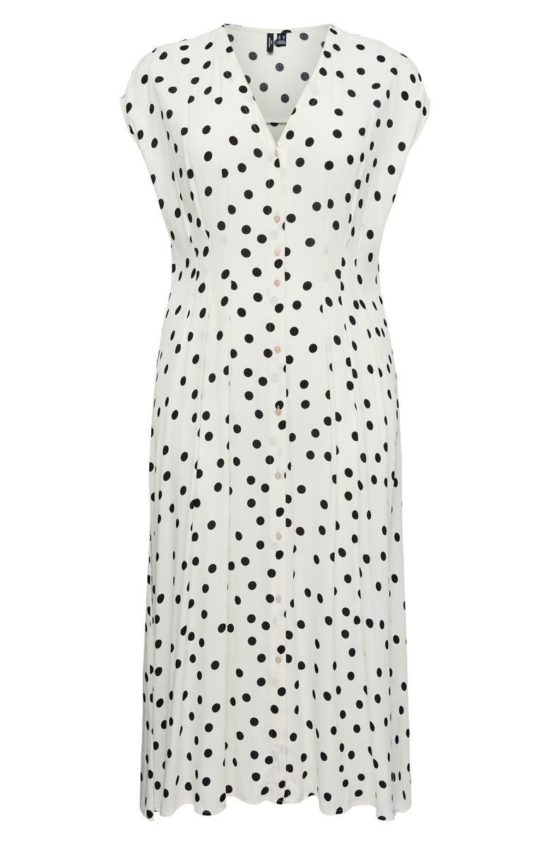 VERO MODA Dot Print Cap Sleeve Button Front Midi Dress, Alternate, color, Snow White/ Black Dot