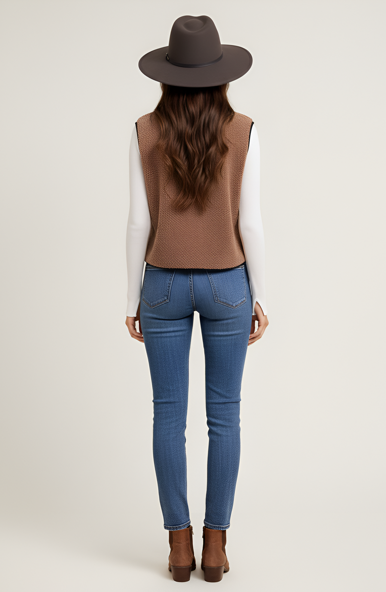 Modenaire Faux Shearling Contrast-Trim Tie-Front Vest, Alternate, color, Faux Shearling