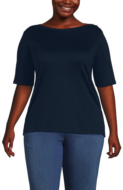 Supima Cotton Elbow Sleeve Boatneck Button Shoulder Tee