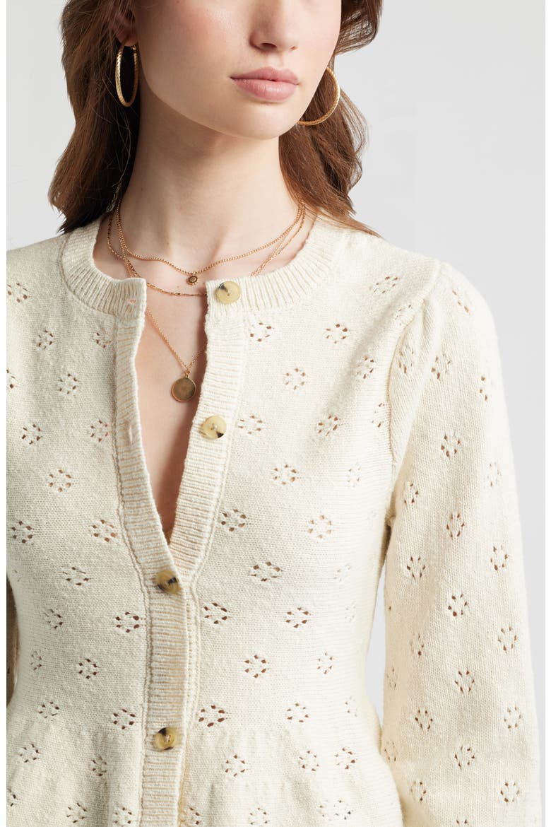 Pointelle Peplum Cardigan, Alternate, color, IVORY DOVE