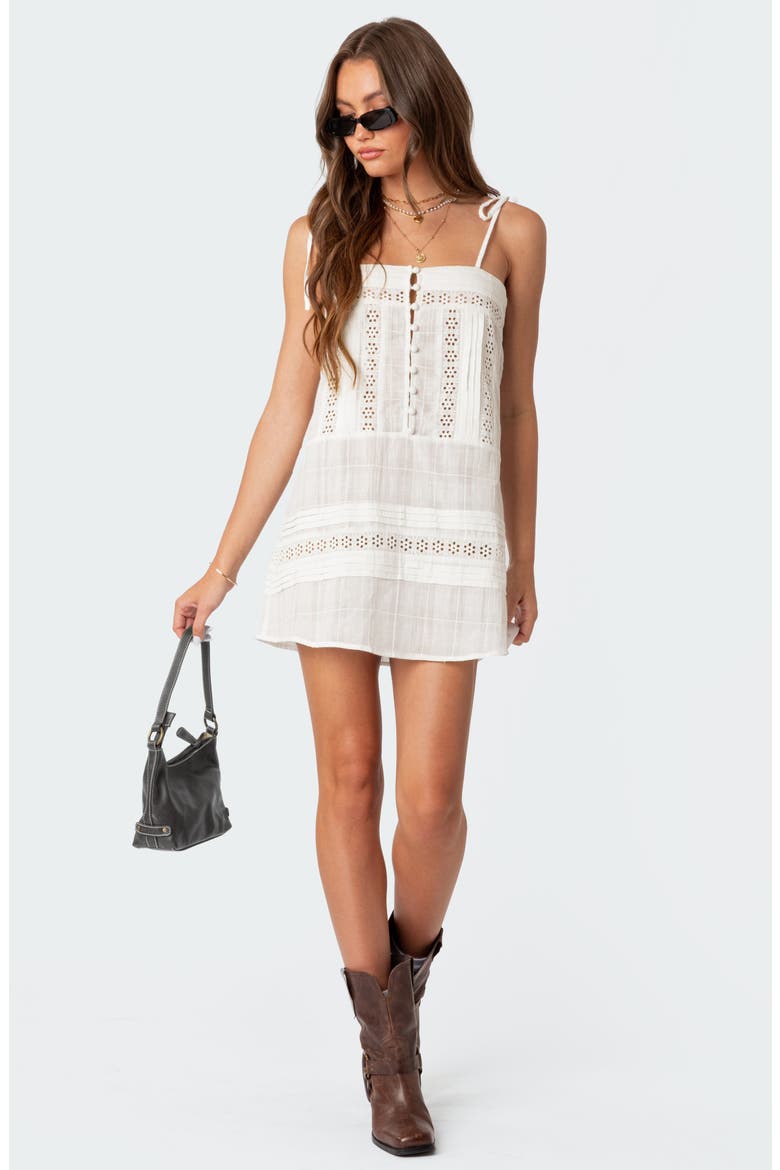 August Eyelet Tie Strap Cotton Minidress, Alternate, color, WHITE