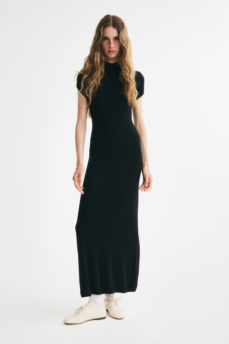 Fine-Knit Mock Turtleneck Dress, Main, color, Black