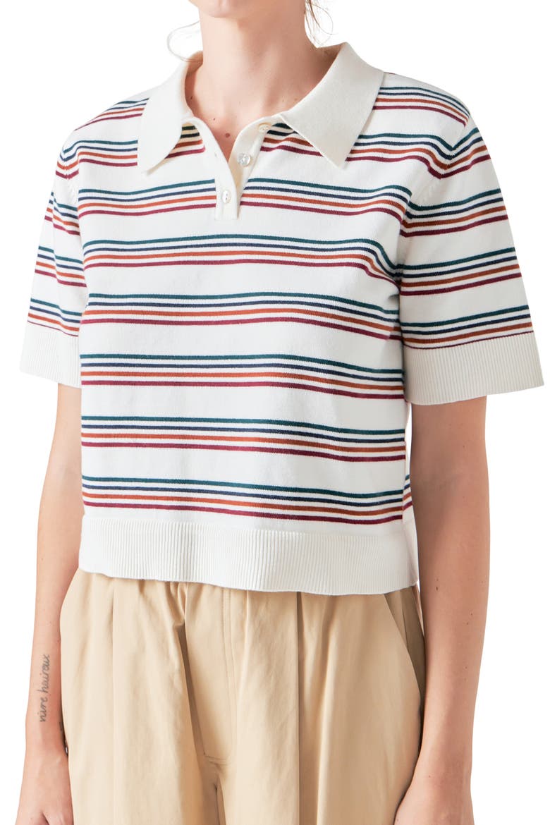 Stripe Short Sleeve Polo Sweater, Alternate, color, WHITE MULTI